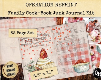 Family Cookbook Junk Journal Kit 32 Pages of Vintage Collage Paper, Embellishment, and Ephemera. Printable Digital Download PDF and Jpeg