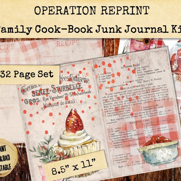 Family Cookbook Junk Journal Kit 32 Pages of Vintage Collage Paper, Embellishment, and Ephemera. Printable Digital Download PDF and Jpeg