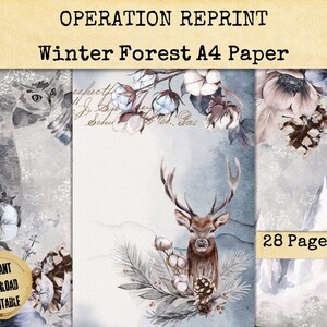 Winter Forest A4 Paper 28 pagina's voor Junk Journaling, Ephemera, Collage Papers Afdrukbare Digitale Download Jpeg