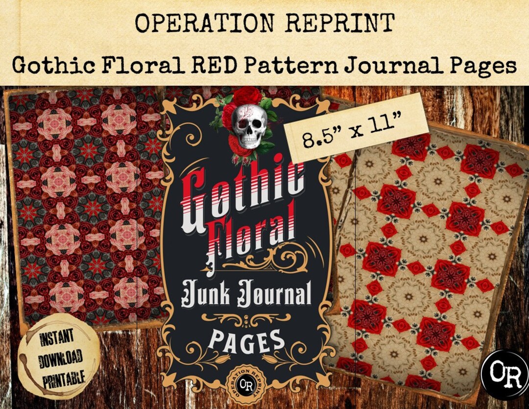 Gothic Floral Red Patterned Junk Journal Pages, 12 Grunge Gothic Roses ...