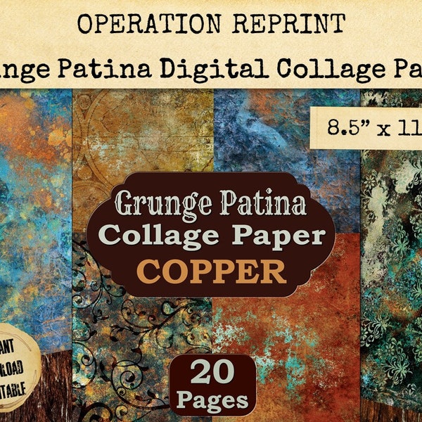 Grunge Patina Digital Collage Paper, 20 Sheets Copper Verdigris, Printable Download PDF and Jpeg