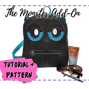 May include: A black backpack with a spiderweb pattern and blue eyes. The backpack has a zippered pocket and a small spider charm. The text "The Monster Add-On" and "TUTORIAL + PATTERN" is visible in the image.