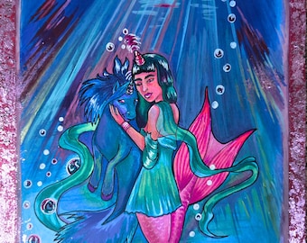 Zusammen in Harmonie Meerjungfrau HippoCampus Kunst Mixed Media Gemälde Original Kunstwerk Wanddekor