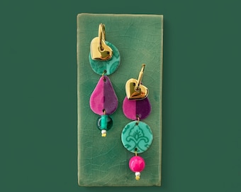 Gold stainless steel earrings, Fabric Earrings, Exclusive earrings, Asymmetric earrings, Colorful Earrings, Gold Heart, Three earrings in on