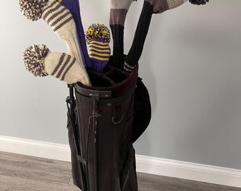 Hand Knit 100% Wool Golf Club Covers with Pom Poms | Custom Colors