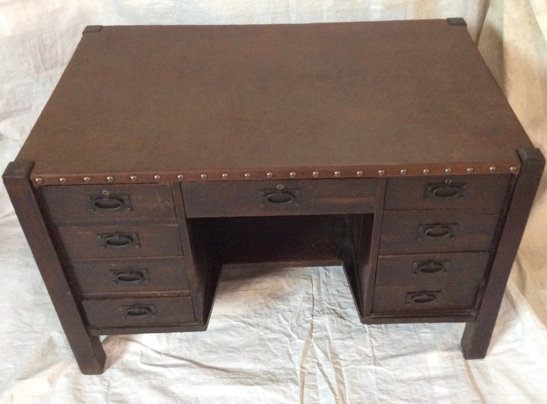 Gustav Stickley 9 Drawer Flat Top Desk With Leather Surface Etsy
