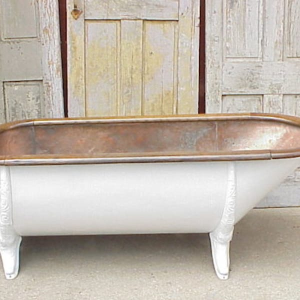 Antique 1890's copper lined tin tub, cast iron legs, oak rim.   HOLD Melissa