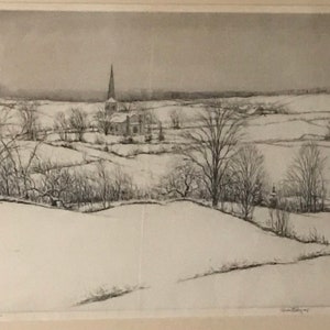 May include: A black and white etching of a snowy landscape with a church steeple in the distance. The church is surrounded by trees and hills, and the snow covers the ground.