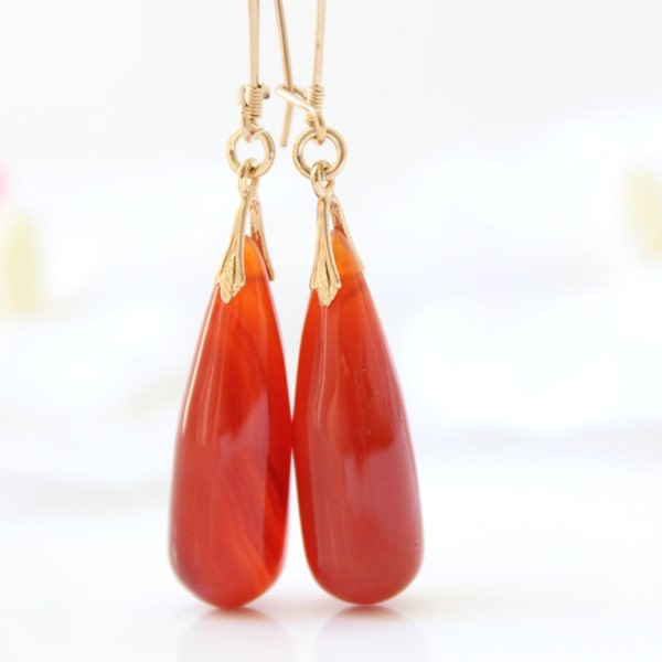 Carnelian drop earrings - Gold earrings with orange carnelian drops, Gift idea, Gemstone earrings