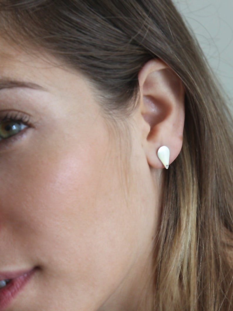 Upside-down silver drops set with white gemstone Silver ear studs Silver Drop Earrings