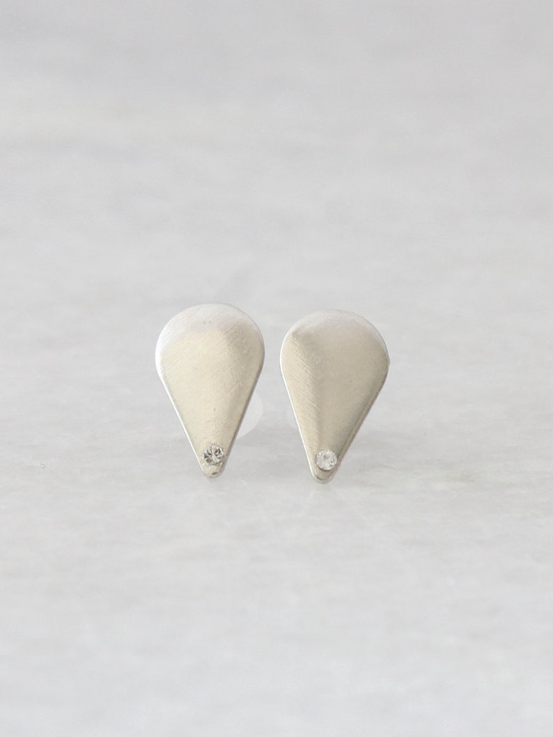 Upside-down silver drops set with white gemstone Silver ear studs Silver Drop Earrings