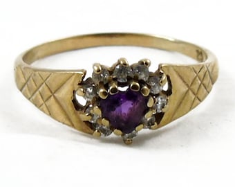 Vintage 9ct Gold Amethyst Heart Ring, US Size 7