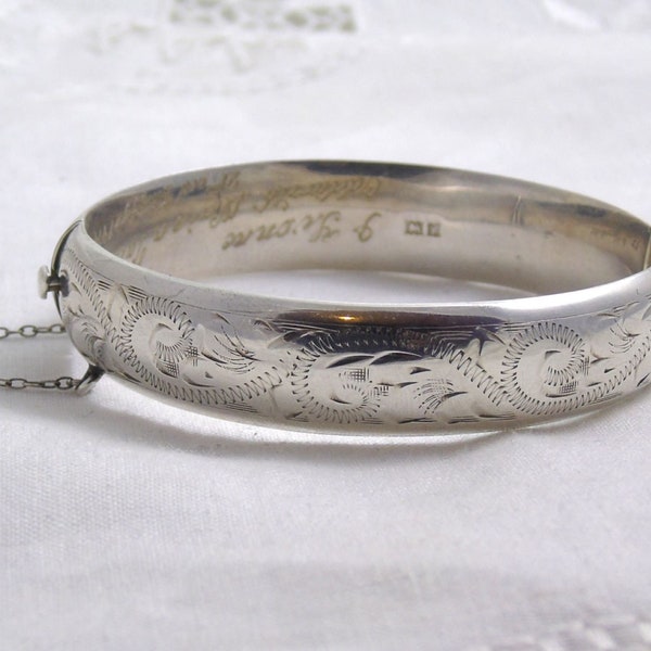 Sterling Silver Hinge Bangle, Silver Engraved Bangle, Slim Oval Bangle, Hallmarked 1973