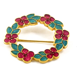 Fish Cloisonne Enamel Flower Brooch, Gold Tone Cut Out Pin