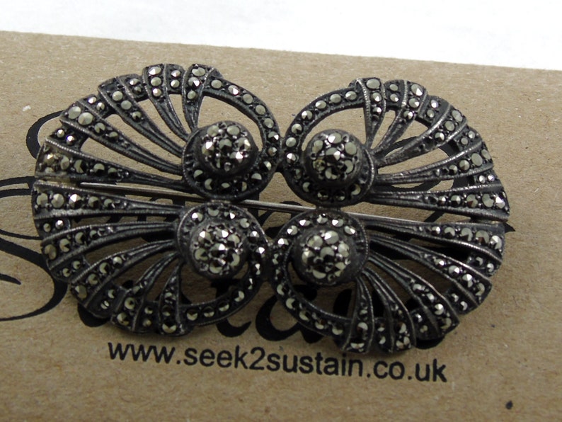 Grey Brooch Silver Brooch Art Nouveau Brooch Double Shell Brooch Large Marcasite Brooch Marcasite Brooch