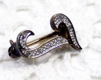 Silver Gilt Diamond Initial Pin, Silver Initial J, Letter Pin, Diamond J Pin, PD Makers Mark