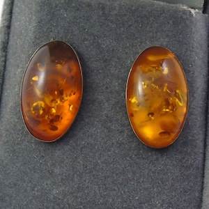Amber Gold Stud Earrings, Oval Amber Earrings
