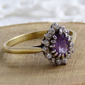 Amethyst and CZ Gold Ring, Pear Shape Ring, 9ct Ring, Amethyst Gold Ring, Amethyst Ring, Size P.5, Size 8
