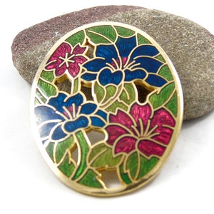 Cloisonne Enamel Brooch, Oval Flower Pin, Blue Red Flower Brooch, Gold Tone, Cut Out Pin, 1980s