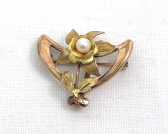 Gold Tone Pearl Brooch, 1950s Shield Brooch