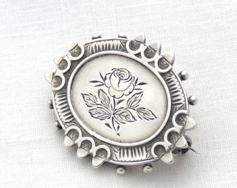 Antique Victorian Silver Brooch, Aesthetic Period Rose Brooch,  Secret Locket Brooch, 1800s