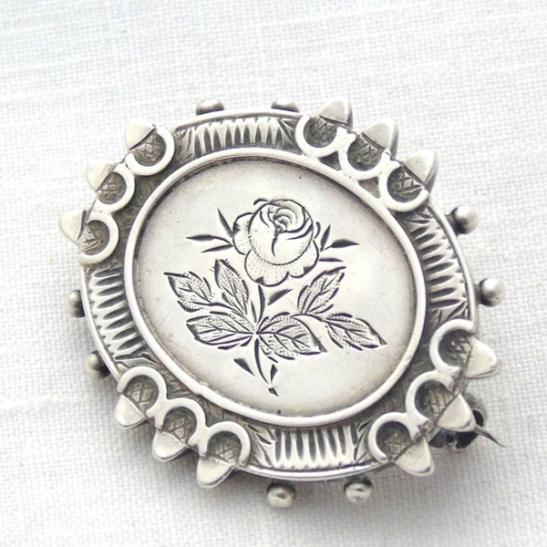 Antique Victorian Silver Brooch, Aesthetic Period Rose Brooch,  Secret Locket Brooch, 1800s