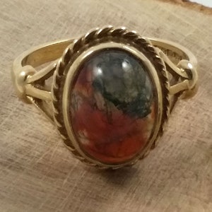 Gold Moss Agate Ring, Agate Ring, Red Agate Ring, Size O, Size 7.25, 1972