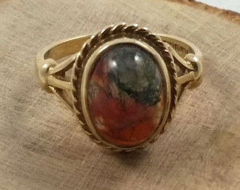 Gold Moss Agate Ring, Agate Ring, Red Agate Ring, Size O, Size 7.25, 1972