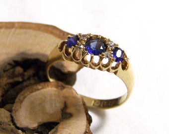 Sapphire and Diamond Gold Ring, Antique Engagement Ring, Size 4.5, H