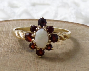 Vintage Opal Garnet 9ct Gold Cluster Ring, October Birthstone