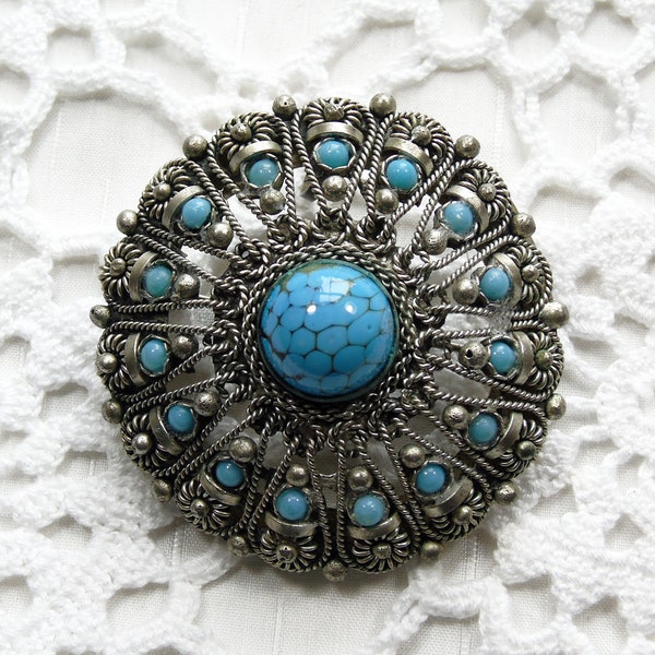 Turquoise Brooch Pendant, Wire Wrapped Pendant Brooch, Glass Metal Brooch, Blue Brooch, Large Brooch