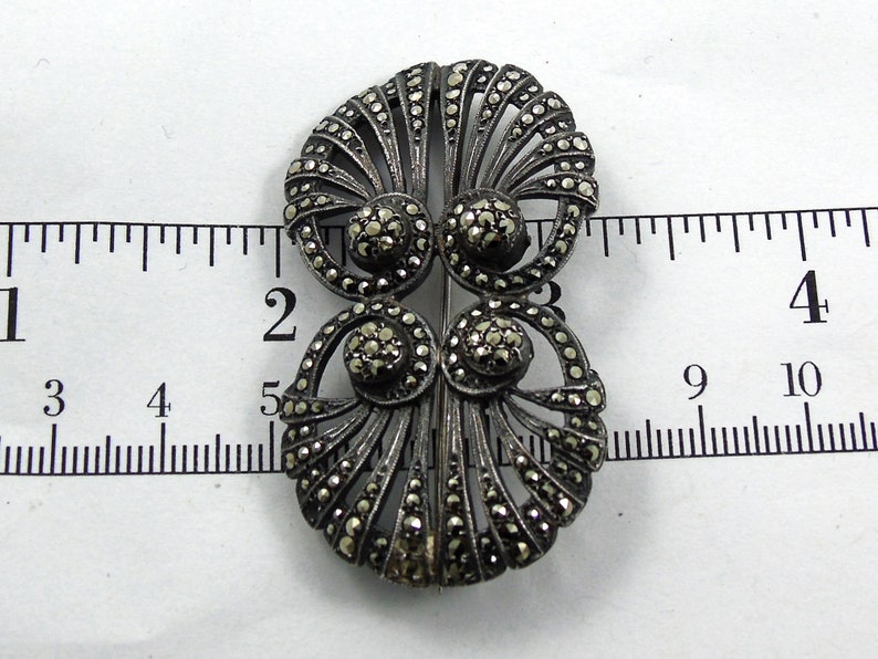 Grey Brooch Silver Brooch Art Nouveau Brooch Double Shell Brooch Large Marcasite Brooch Marcasite Brooch