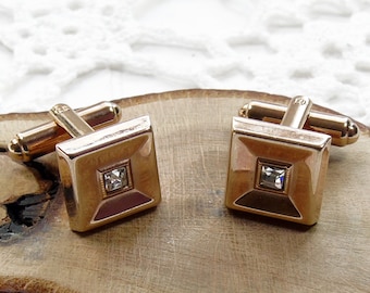 Gold Tone CZ Cufflinks, Gold Cufflinks, Square Cufflinks, Hickok USA CZ Cufflinks