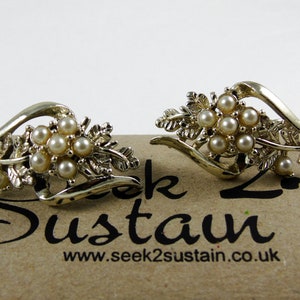 Gold Pearl Flower Clip Earrings, Retro Jewellery, Clip on Earrings