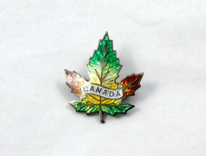 Silver Enamel Canada Maple Leaf Brooch, Cuilloche Enamel, Sterling Silver, Canada Lapel Pin image 1