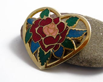 Cloisonne Brooch, Heart Enamel Pin, Heart Brooch, Flower Brooch, Red Rose Pin, 1980s, Love Brooch