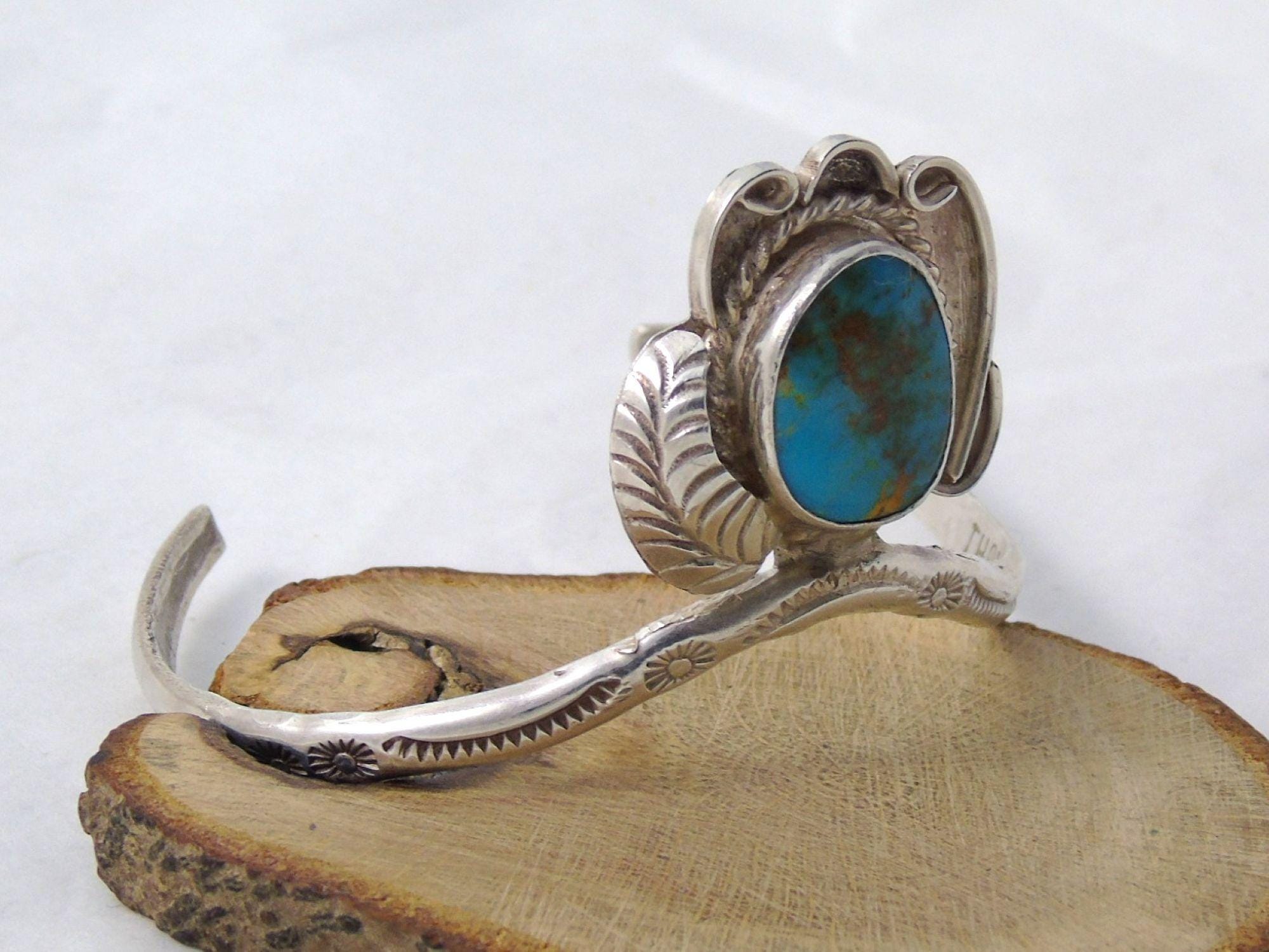 Vintage Navajo Turquoise Sterling Silver Bangle Bracelet, Thomas J