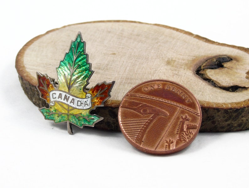 Silver Enamel Canada Maple Leaf Brooch, Cuilloche Enamel, Sterling Silver, Canada Lapel Pin image 2