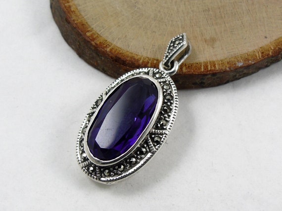 Amethyst Marcasite Locket, Sterling Silver Locket,