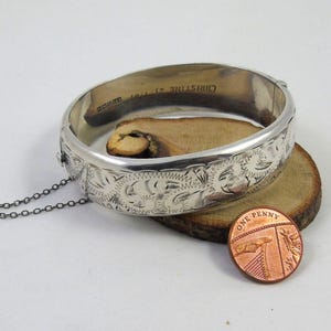 Sterling Silver Engraved Oval Hinge Bangle, Floral Bangle, 1963 Hallmark