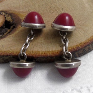 Silver Cufflinks, Red Cufflinks, Mens Gift Cufflinks, Retro Cuff Links, French Cufflink, Small Man Gift