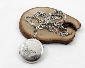 Silver Round Locket Necklace, Silver Etched Locket, Engraved Locket Pendant, 24 inch Chain