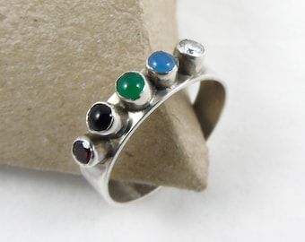 Sterling Silver Gem Ring, Silver Multi Stone Ring,  Ring size, P 1/2, Ring size 8