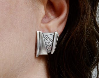 Chunky Sterling Silver Stud Earrings – Modern Geometric Statement Textured Jewelry