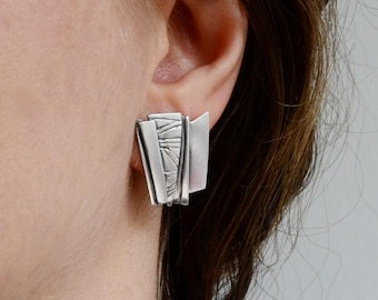 Chunky Sterling Silver Modern Stud Earrings – Geometric Bold Statement Jewelry