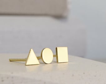 Geometric 14K Solid Gold Earrings Dainty Circle Square Triangle Mismatched 14K Gold Jewelry Earrings