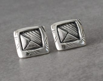 Sterling Silver Geometric Square Earrings | Textured Modern Southwestern Studs | Boho Lines Artisan Jewelry