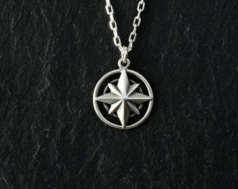 Nautical Compass Necklace, 925 Silver Minimal Polaris North Star Jewelry, Travel Graduation Gift