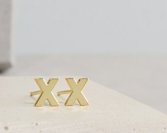 XX Earrings 14K Gold X Shape Kisses Stud Earrings Straight Edge Jewelry Gift for Her