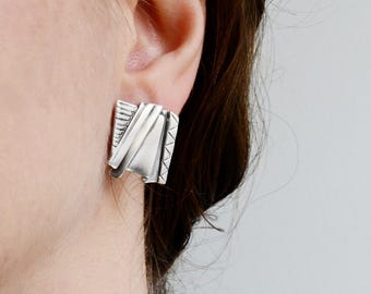 Chunky Geometric Textured Earrings - Modern Sterling Silver Bold Statement Jewelry